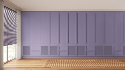 Interior walk-in closet, simple classic style in purple tones. Window with blinds. Empty room design, wardrobe background with parquet wooden floor