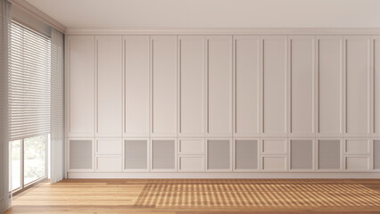 Fototapeta na wymiar Interior walk-in closet, simple classic style in white tones. Window with blinds. Empty room design, wardrobe background with parquet wooden floor