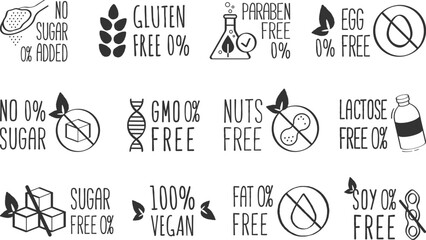 Vector stickers or tags for healthy food. Vector.