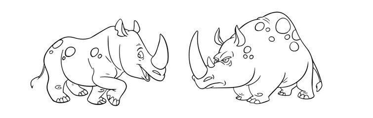 Coloring page with the image of cutes rhinoceros. Children's color draw book and activity game. Vector Rhino sheet icon.