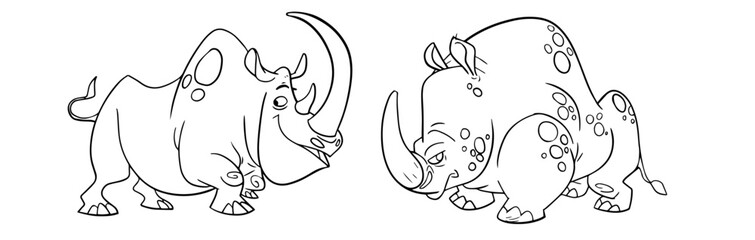Coloring page with the image of cutes rhinoceros. Children's color draw book and activity game. Vector Rhino sheet icon.