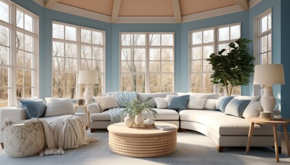 sun room inspiration white and blue living room decor in a spacious living room Generative AI
