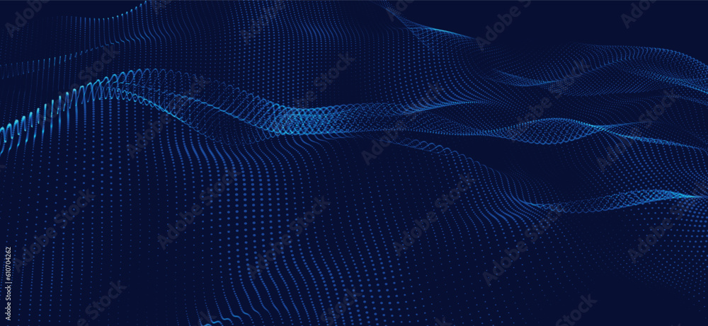 Poster wave of particles. futuristic dots pattern on dark background. big data digital code. technology or 