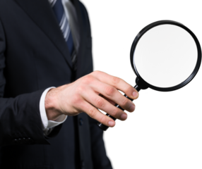 Human resources, business man hand holds magnifying glass