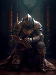 A knight in heavy metal armor knelt on one knee. - obrazy, fototapety, plakaty