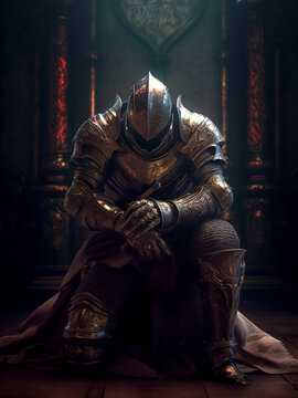 A knight in heavy metal armor knelt on one knee.