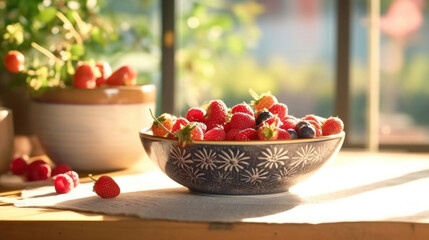 Berries in a ceramic bowl on a wooden table. 