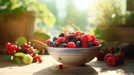 Berries in a ceramic bowl on a wooden table. 