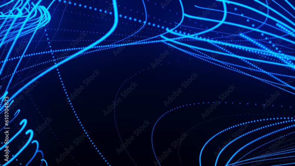 Poster dynamic wave of glowing particles. data flow information. concept of digital communication. technolo