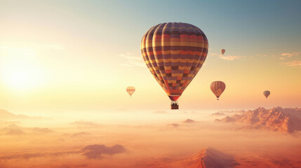 Fototapeta na wymiar Hot air balloon in sky, morning sunlight.