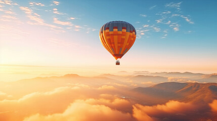 Fototapeta premium Hot air balloon in sky, morning sunlight.