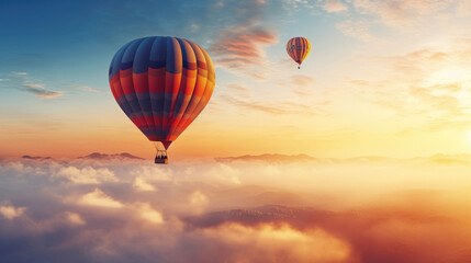 Obraz premium Hot air balloon in sky, morning sunlight.