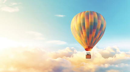 Naklejka premium Hot air balloon in sky, morning sunlight.