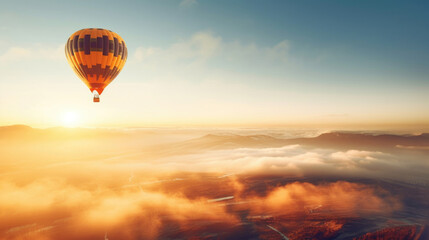 Obraz premium Hot air balloon in sky, morning sunlight.
