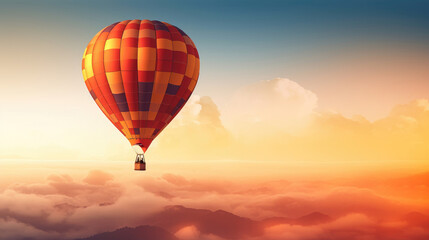Fototapeta premium Hot air balloon in sky, morning sunlight.
