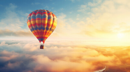 Hot air balloon in  sky, morning sunlight.