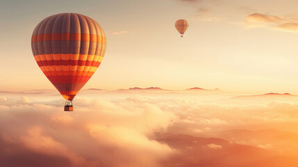 Hot air balloon in  sky, morning sunlight.