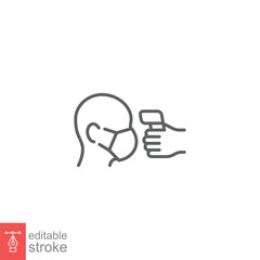 Body temperature check icon. Simple outline style. Thermal measure with thermometer, face scan concept. Thin line symbol. Vector illustration isolated on white background. Editable stroke EPS 10.
