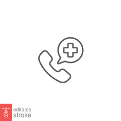 Emergency call icon. Simple outline style. First aid, telephone with cross sign, medical phone concept. Thin line symbol. Vector illustration isolated on white background. Editable stroke EPS 10.