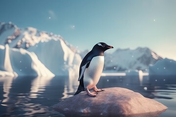 Cute and lovely penguin standing on an ice rock with mountains in the background. Generative AI