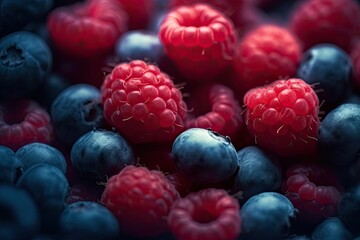Delicious raspberries and blueberries, ideal fruits for a healthy and balanced diet. Generative AI