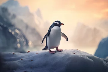Tuinposter Cute and lovely penguin standing on an ice rock with mountains in the background. Generative AI © Gelpi
