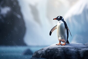 Fototapeta premium Cute and lovely penguin standing on an ice rock with mountains in the background. Generative AI