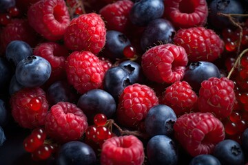 Delicious raspberries and blueberries, ideal fruits for a healthy and balanced diet. Generative AI