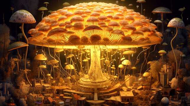 AI-Generated For the Love of Plants: Harmonious Blend of Technology and Nature.  Mushroom City, Wallpaper, Cover Photo, Banner, Background