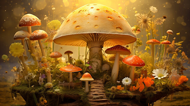 AI-Generated For the Love of Plants: Harmonious Blend of Technology and Nature.  Mushroom City, Wallpaper, Cover Photo, Banner, Background