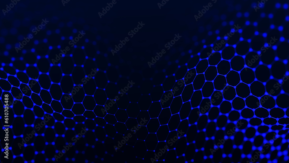 Aufkleber futuristic hexagon background. futuristic honeycomb concept. wave of particles. 3d rendering. data t