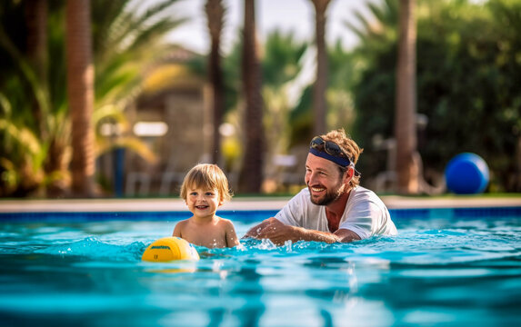 A young dad plays in the pool with her son - ai generative