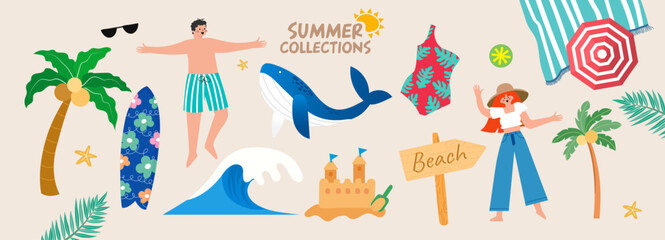 summer collection illustration. Banner, vector, coconut tree, human, Bikini, Beach sign, Wale, Sea wave,  ฺBeach blanket  and Surf board.