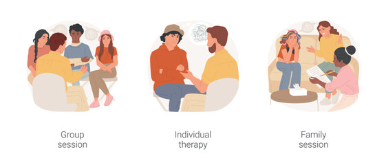 Teenager psychotherapy isolated cartoon vector illustration set. Diverse group of people on psychotherapy session, individual therapy, difficult teenager, parent-teen problem vector cartoon. - obrazy, fototapety, plakaty