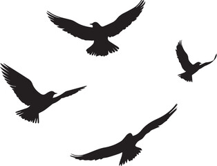 Black vector flying birds flock silhouettes isolated on white background