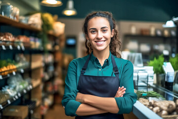 Smiling, young and attractive saleswoman, cashier serving customers. AI generativ. - Powered by Adobe