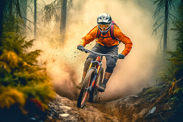 Naklejka premium Young athletic man in helmet and protective gear riding downhill on mountainbike. AI generativ.