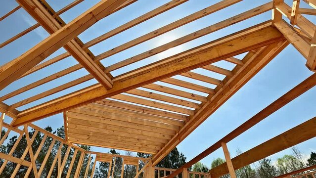 Framing beams are used to construct framework layout of joists in newly constructed wooden house.