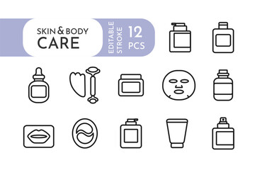 Skin and body care cosmetics and hygiene products packaging icons set. Editable stroke. Flat line pictogram. Women’s and men’s routine items. Vector illustration. Anti aging, rejuvenation, health