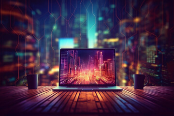 Computer with a bright techno background