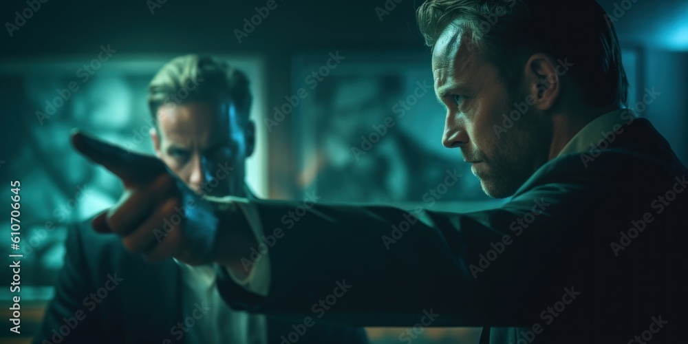 Aufkleber a man in a suit pointing a gun at another man. generative ai image.