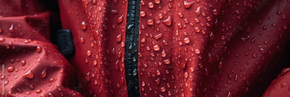 Poster a close up of a red jacket with water droplets on it. generative ai image.