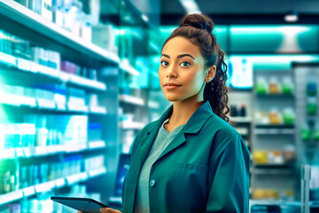 Smiling, young and attractive saleswoman, cashier serving customers. AI generativ.