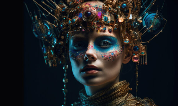 Generative AI illustration of young female model with bright makeup wearing golden technological accessories on head against black background