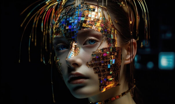 Generative AI illustration of young female model with golden mosaic futuristic accessory on face and blue eyes against blurred background