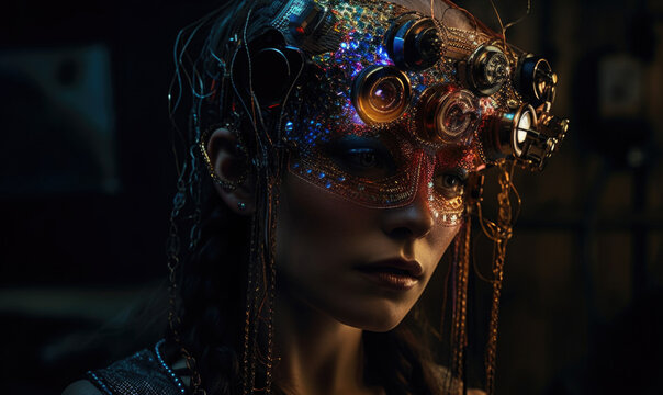 Generative AI illustration of young female model wearing golden technological accessories on head against blurred background