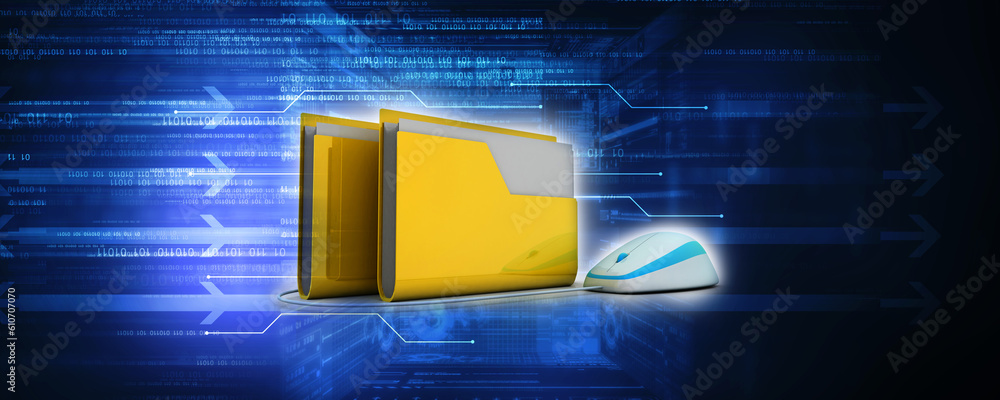 Poster 3d illustration folder with computer mouse. file storage concept