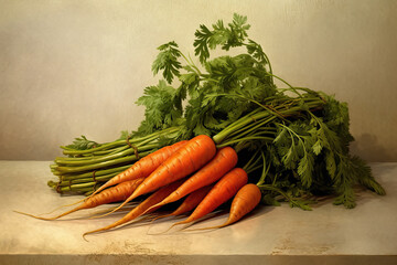 A bunch of fresh carrots with green leaves on a dark table surface.
