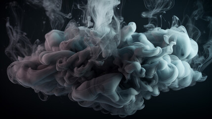 Generative AI illustration of abstract black and gray fluffy pastel ink smoke cloud against black background