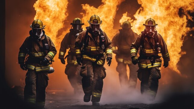 A group of firemen walking in front of a fire. Generative AI image.